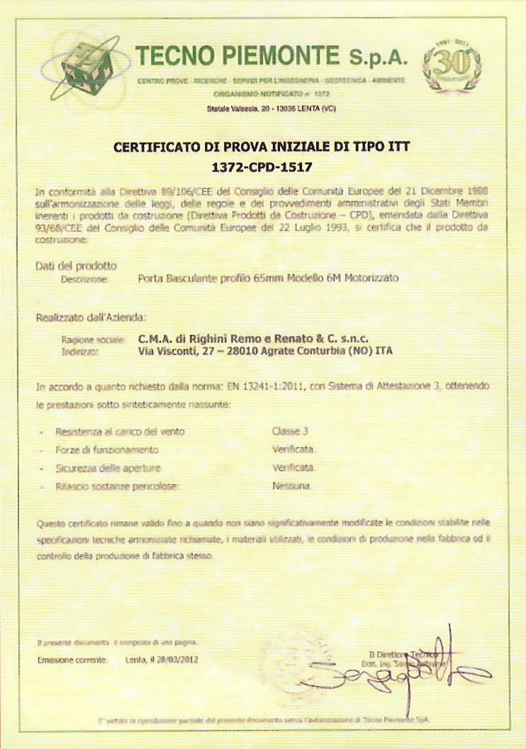 certificato di prova iniziale di tipo ITT: Officine CMA agrate conturbia novara